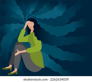 Troubled woman with long hair sitting with closed eyes. Swirl pattern around her. Vector illustration.