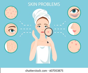 Mulher problemática e conjunto de problemas de pele facial feminina mais comuns precisa se preocupar: acne, espinhas, rugas, pele seca, cravos, olheiras sob os olhos.