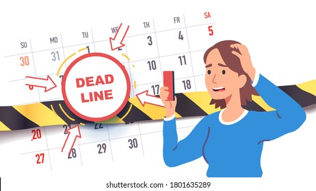 Troubled worried freelancer scared of upcoming deadline date. Time constraint woman employee character stressed about missing calendar deadline looking at cell phone. Flat vector concept illustration