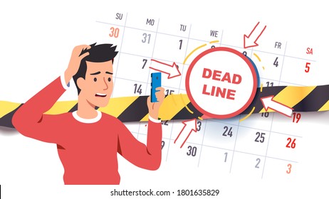 Troubled worried freelancer scared of upcoming deadline date. Time constraint man employee character stressed about missing calendar deadline looking at cell phone. Flat vector concept illustration