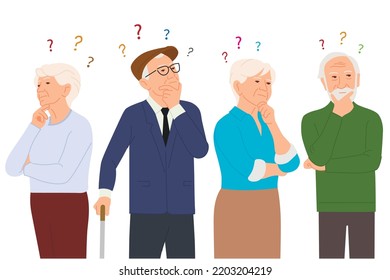 Troubled Worried Old People, Senior Characters Think, Confused Grandfather, Grandmother Forget and Trying Remember. Cartoon Vector Illustration