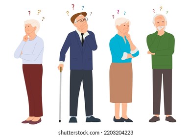 Troubled Worried Old People, Senior Characters Think, Confused Grandfather, Grandmother Forget and Trying Remember. Cartoon Vector Illustration