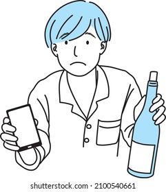 A troubled young man with a wine bottle and a smartphone