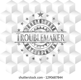 Troublemaker grey emblem. Retro with geometric cube white background