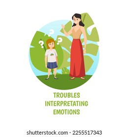 Troubles of interpretation of emotions in autism disorder, flat vector illustration isolated on white background. Autistic children communication troubles.
