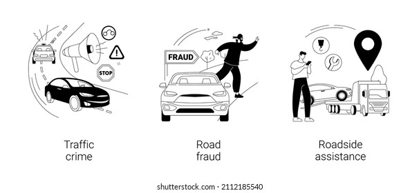 Probleme auf der Straße abstraktes Konzept Vektorgrafik Set. Verkehrskriminalität, Straßenbetrug, Straßenhilfe, Regelverletzung, Anhalter-Abholung, Reifenwechsel, abstrakte Autoreparaturmetapher.