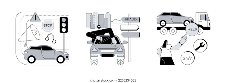 Troubles on the road abstract concept vector illustration set. Traffic crime, road fraud, roadside assistance, rules violation, pick up hitchhiker, change flat tire, car repair abstract metaphor.