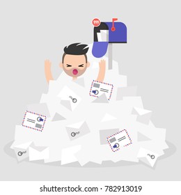 Troubles at work. Young character drowning in a pile of unread mails. Communication problems. Flat editable vector illustration, clip art