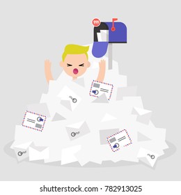 Troubles at work. Young character drowning in a pile of unread mails. Communication problems. Flat editable vector illustration, clip art
