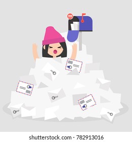 Troubles at work. Young female character drowning in a pile of unread mails. Communication problems. Flat editable vector illustration, clip art