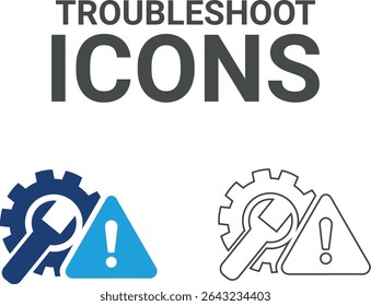 Ícones de solução de problemas, Ícones de arte de linha Contendo os ícones de serviço de conserto, casa, reparação de carro, manutenção, caixa de ferramentas e reparador. Coleção de ícones do Solid. Ilustração vetorial.