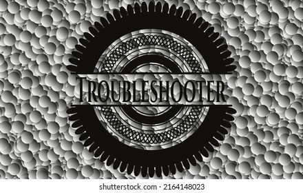 Fehlerbehebung für schwarzes Emblem mit Blasenhintergrund. Vektorgrafik. Detaillierte Angaben. 