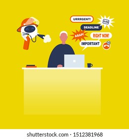 Troubleshooting, conceptual illustration. Cute robot helping to extinguish a fire on  a workplace / flat editable vector illustration, clip art