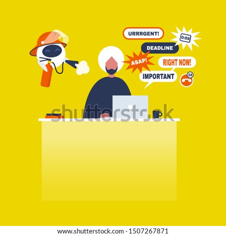 Troubleshooting, conceptual illustration. Cute robot helping to extinguish a fire on  a workplace / flat editable vector illustration, clip art