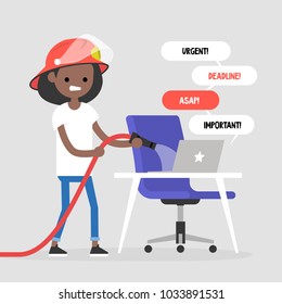 Troubleshooting, conceptual illustration. Young black girl trying to extinguish a fire on her workplace / flat editable vector illustration, clip art