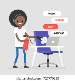 Troubleshooting, conceptual illustration. Young black girl trying to extinguish a fire on her workplace / flat editable vector illustration, clip art