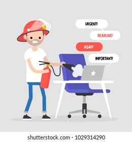 Troubleshooting, conceptual illustration. Young character trying to extinguish a fire on his workplace / flat editable vector illustration, clip art