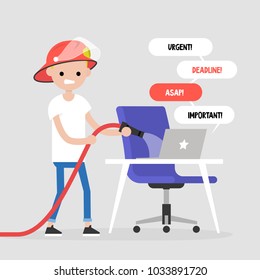 Troubleshooting, conceptual illustration. Young character trying to extinguish a fire on his workplace / flat editable vector illustration, clip art