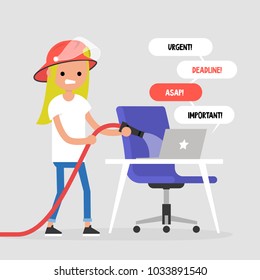 Troubleshooting, conceptual illustration. Young female character trying to extinguish a fire on her workplace / flat editable vector illustration, clip art