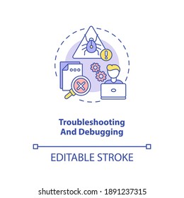 Troubleshooting and debugging concept icon. App developer skills. Finding different errors and bugs idea thin line illustration. Vector isolated outline RGB color drawing. Editable stroke
