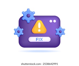 Solución de problemas y concepto de fijación. Solución de problemas en software o sistema. Solucionar error. Ilustración de la ventana de advertencia de error con engranaje. Icono o símbolo. Diseño minimalista de estilo 3D. Elemento