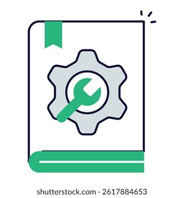Troubleshooting Guide Document. Book with gear and wrench icon for user help manual and diagnostics