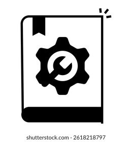 Troubleshooting Guide Document. Book with gear and wrench icon for user help manual and diagnostics