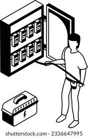 Fehlerbehebung bei häuslichen elektrischen Problemen - isometrisches Konzept, Person, die das Plug-Kabel hält Vektorsymbol-Design, Symbol für elektrische Ingenieure Draht-Spezialist Schild, Techniker für Instandhaltung Stockillustration von Werkzeugen