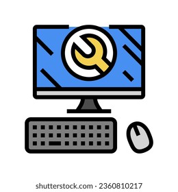 solución de problemas de pc repare el vector de iconos de color del equipo. resolución de problemas de la señal del equipo de reparación de pc. ilustración de símbolo aislado