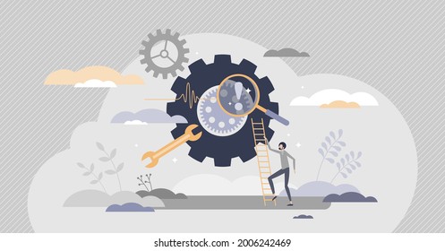 Troubleshooting and software failure diagnostic work tiny person concept. Repair errors and technical support for hardware problems vector illustration. Checking failures and testing to restore system