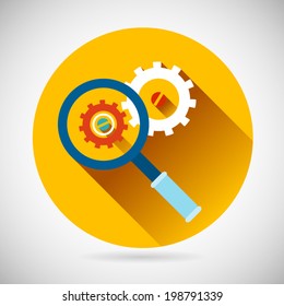 Troubleshooting Symbol Magnifying Glass and Gears Icon on Stylish Background Modern Flat Design Vector Illustration