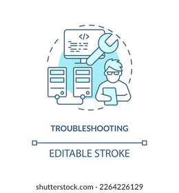 Troubleshooting turquoise concept icon. Know and fix code. Version control benefit abstract idea thin line illustration. Isolated outline drawing. Editable stroke. Arial, Myriad Pro-Bold fonts used