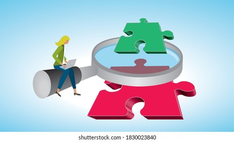 Troubleshooting. Woman, magnifying glass and puzzle pieces. Dimension 16:9. Vector illustration. 
