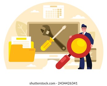Solucionar problemas del equipo. Hombre sosteniendo una enorme lupa. Reparación de computadoras. Servicio informático. Concepto de diagnóstico. Gráficos vectoriales