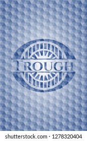 Trough blue badge with geometric pattern background.
