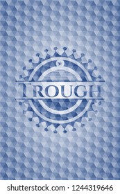 Trough blue emblem or badge with abstract geometric polygonal pattern background.
