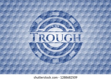 Trough blue emblem with geometric pattern background.