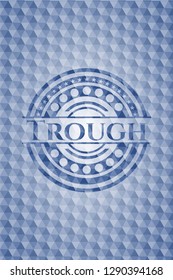 Trough blue emblem with geometric pattern background.
