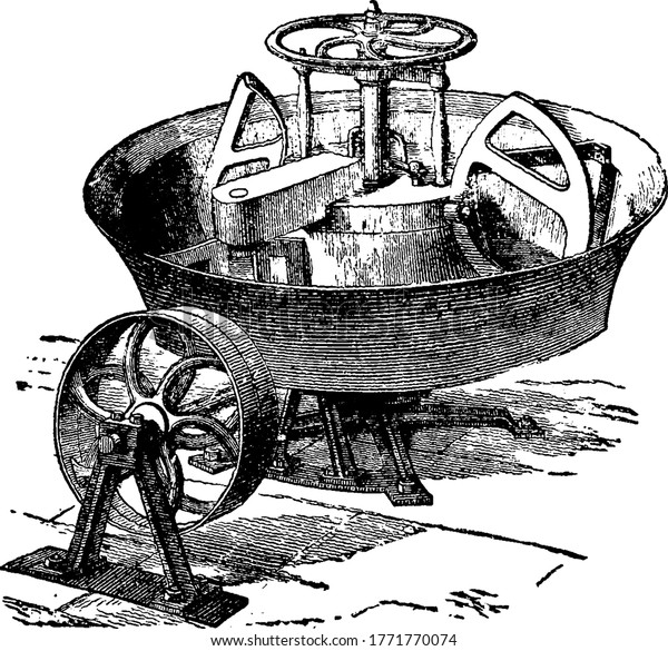 The trough is a cast-iron basin, that rotates on a\
vertical axis. The interior is provided with a kneader, shaped like\
a lyre, works upon the dough and then divides it during the entire\
period