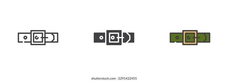 Trouser belt different style icon set. Line, glyph and filled outline colorful version, outline and filled vector sign. Symbol, logo illustration. Vector graphics