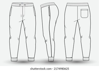 Trouser Pant Flat Sketch Template And Technical Fashion Illustration. Trouser Pant Design For Sportswear And Sweat Pants  Mockup 