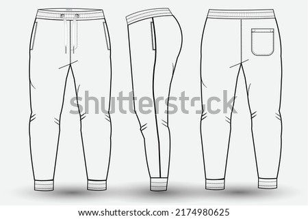 Trouser pant flat sketch template and Technical Fashion Illustration. Trouser pant design for sportswear and sweat pants  mockup 