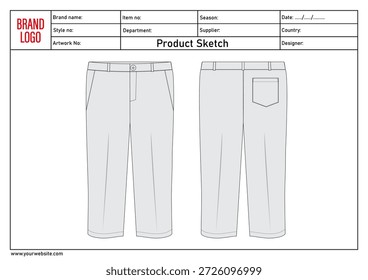 Calça pant desenho técnico vetor modelo ilustração frente e trás