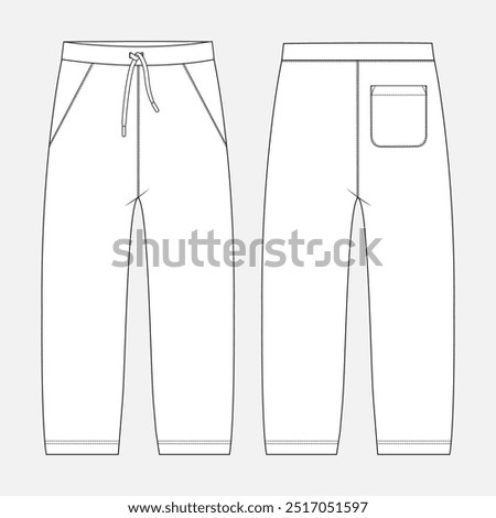 Trouser pants technical fashion flat sketch vector illustration template front and back view.
