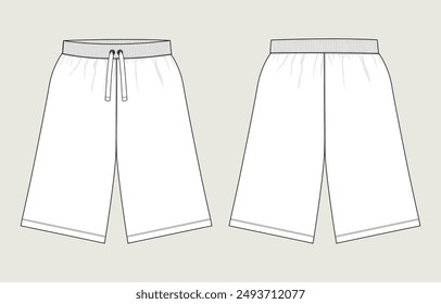 Trouser Shorts Sweatpants technical drawing fashion flat sketch vector illustration template front and back views. Fleece fabric knee length pant for men's and boys