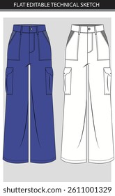 Trousers  Cargo Wide Leg Pants technical fashion illustration Flat Editable Technical Sketch Flat bottom template front, back, white color style. Women, men, unisex CAD mockup