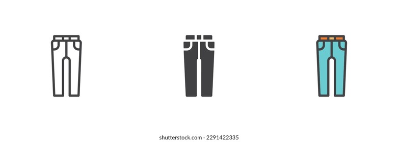 Trouser verschiedene Stil-Icon-Set. Linie, Glyph und gefüllte Umrissversion, Umriss und ausgefülltes Vektorzeichen. Jeans-Kleidungssymbol, Logo-Abbildung. Vektorgrafik