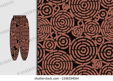 Trousers. Fabric design with abstract circles. Seamless pattern. Use for textiles, fabrics, paper, wallpaper, covers. Trendy boho style for yoga, sports. Vector illustration