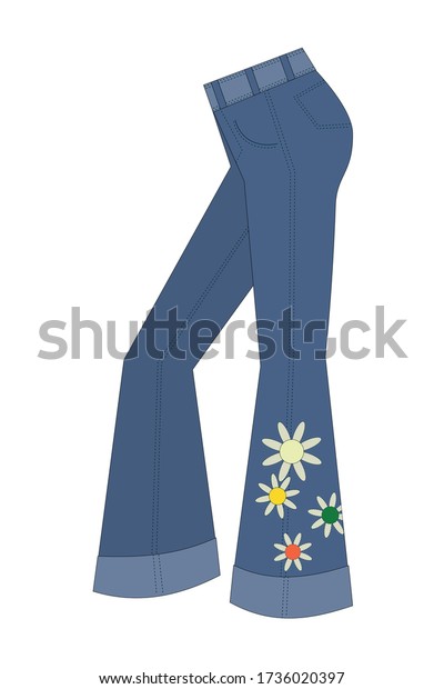 Trousers flared. 1970s fashion. a Blue\
jeans on a white background. Vector\
illustration.