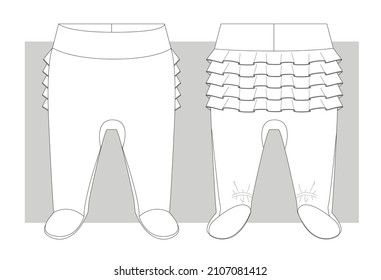 Newborn’s trousers with frills on back. Technical sketch in vector.